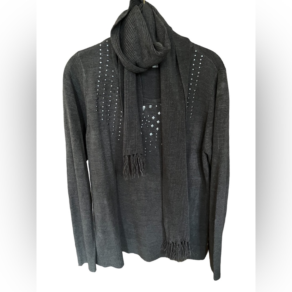 Carolyn Taylor, Grey Embellished Long Sleeve Sweater With Matching Scarf 🧣